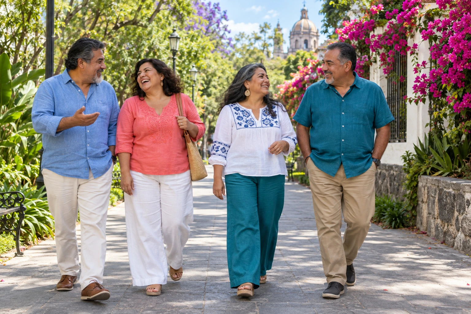 Escena ilustrativa de un grupo caminando y conversando al aire libre
