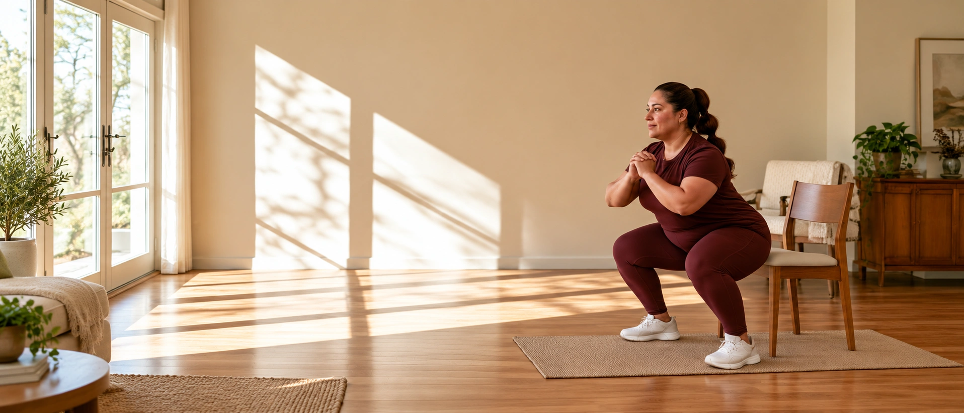 Mujer realizando una sentadilla junto a una silla en casa