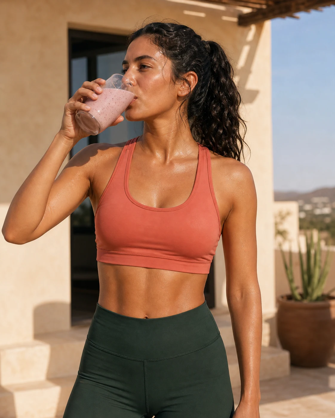 Mujer mexicana tomando un licuado después de entrenar